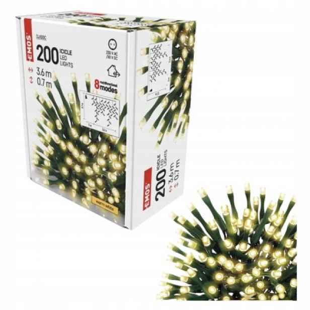Vánoční osvětlení rampouchy 200xLED 3,6 m, teplé, 8 programů venku