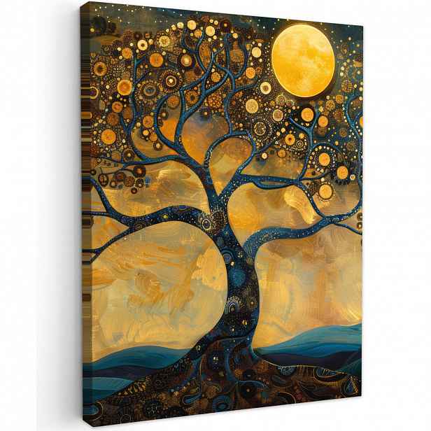 MuchoWow OBRAZ NA PLÁTNĚ Strom - Měsíc - Květiny - Zlato - Umění 60x80 cm
