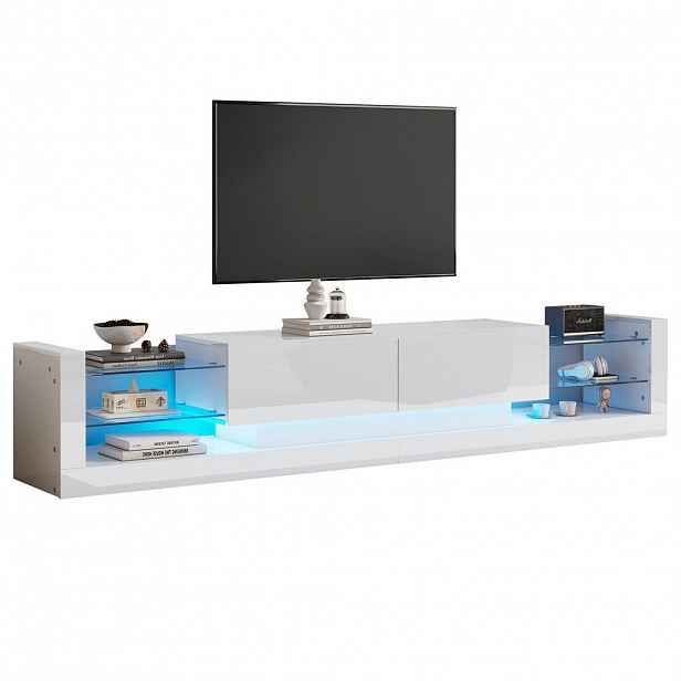 OKWISH TV stolek 181/38/38 cm bílý z dřevotřísky s LED osvětlením a sklápěcími zásuvkami