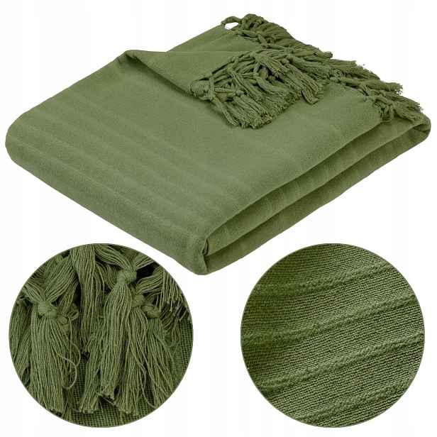 Velká přikrývka na postel 230 x 250 cm Khaki bavlněná deka s měkkými střapci