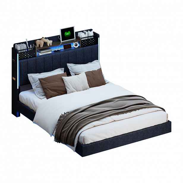Modfu ČALOUNĚNÁ postel z lněné tkaniny 140x200 cm šedá s LED osvětlením, USB portem a úložným čelem