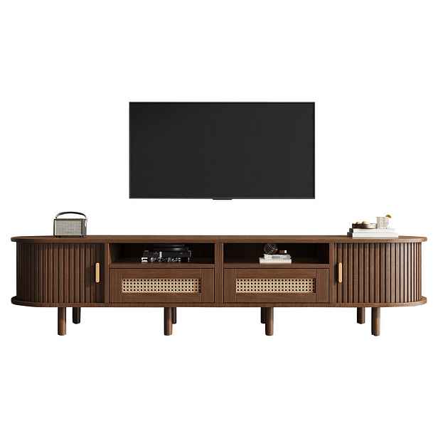EVRYAE TV STOLEK Retro design dřevo-ratan s posuvnými dvířky a zásuvkami, vzhled dřeva, MDF 170/40/40, nábytek do obývacího pokoje