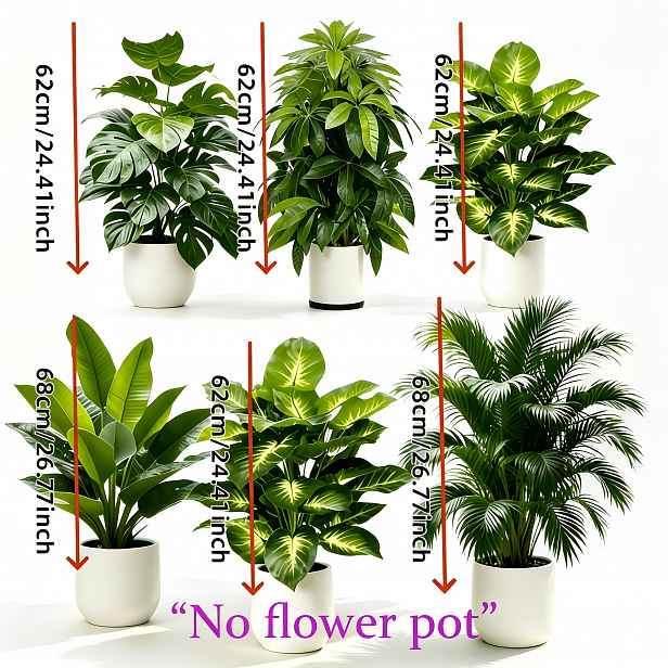 TEMU 6 umělých rostlin s různými listů - Monstera, Pothos, Penízovník, Florida a Palmy Rájského ptáka, bez květináčů. Údržbově nenáročné širokolisté