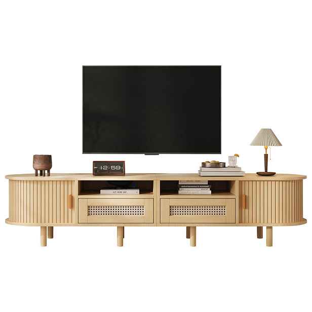 EVRYAE TV STOLEK Vintage vzhled dřeva, ratan, 170/40/40 MDF, posuvná dvířka, 2 zásuvky, otevřená přihrádka, obývací nábytek