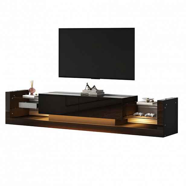 OKWISH TV stolek 181/38/38 cm černý z dřevotřískové desky s LED osvětlením a výklopnými zásuvkami