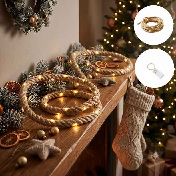 TEMU Ultra dlouhý 300cm 30LED DIY konopný provazový světelný řetěz bez baterií, moderní styl vnitřní dekorativní světelný řetěz vhodný pro vnitřní