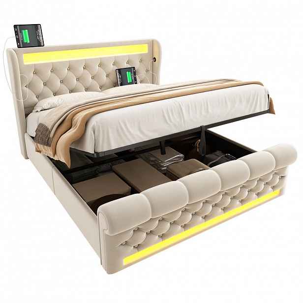Modfu CALOUNĚNÁ postel ze sametu 140x200 cm béžová s LED osvětlením, USB-C porty a hydraulickým úložným prostorem
