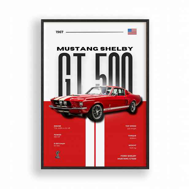 Obraz Ford Mustang Shelby GT500 Plakát Rámeček Dřevěný Černý 30x42 cm