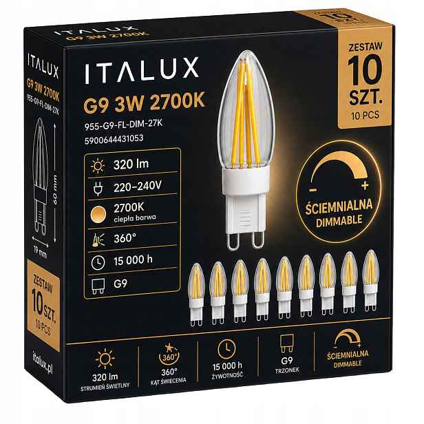 Sada 10 x Led Stmívatelná žárovka svíčka 3W G9 2700K teplá Italux