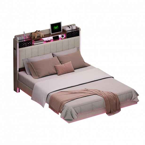 Modfu ČALOUNĚNÁ postel z lněné látky 140x200 cm béžová s LED osvětlením, USB portem a úložným čelem