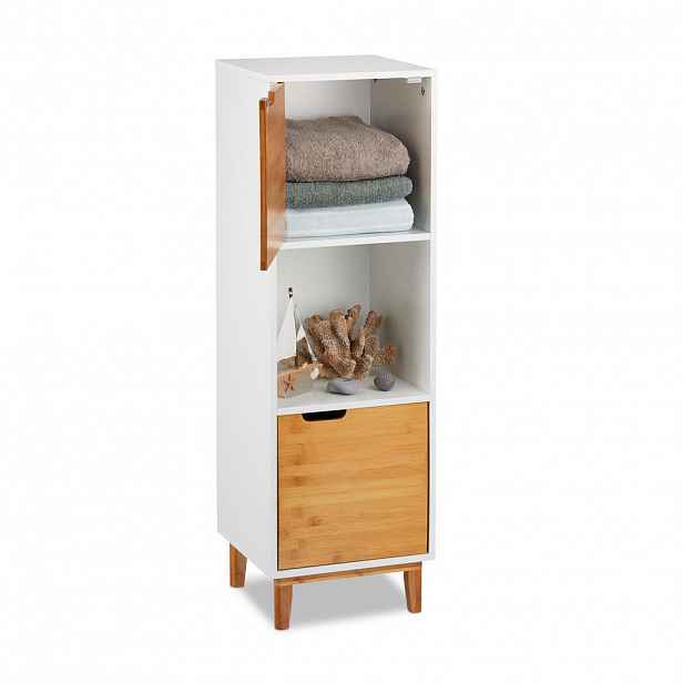 Relaxdays REGÁL Bílá Přírodní MDF bambus s dvířky 101x32x30 cm