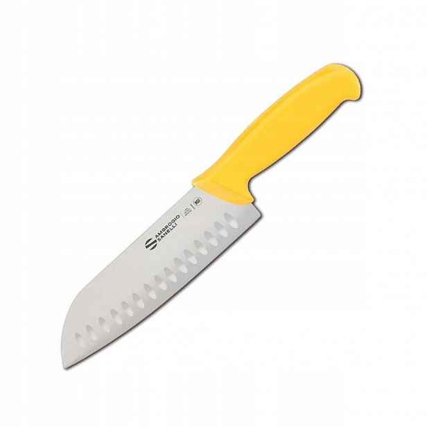Nůž Santoku Ambrogio Sanelli Supra, grantonová čepel, 18 cm, žlutý