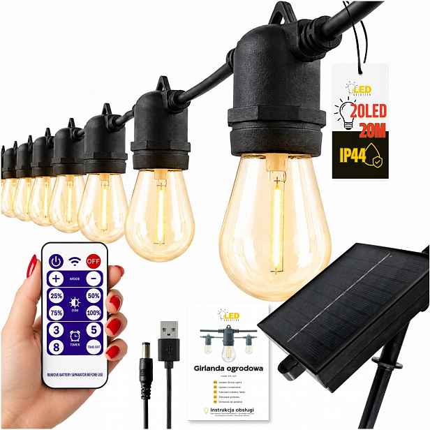 Led zahradní girlanda 20 m solární venkovní světelná 20 žárovek terasa