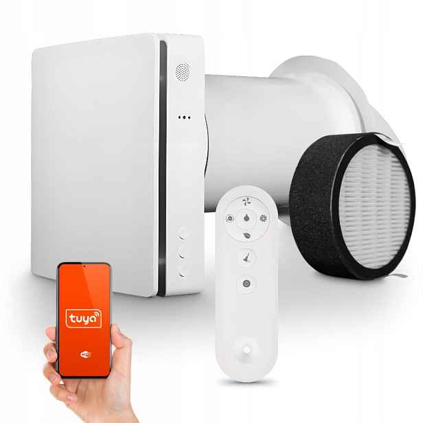 Nástěnný rekuperátor s WiFi Tuya, dálkové ovládání, filtr, 60 m3/h, ventilátor se 3 rychlostmi