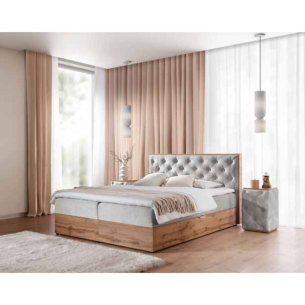 Manželská postel 160x220 CHANTELLE 10 - dub wotan / světle šedá + topper ZDARMA