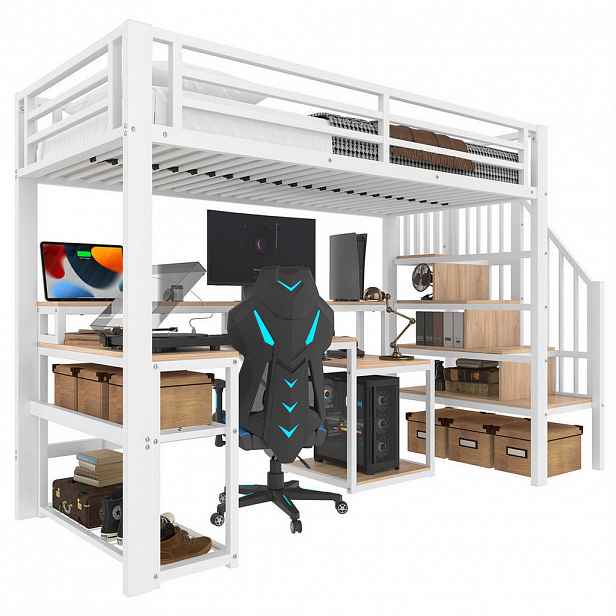 Modfu PATROVÁ postel z kovu 90x200 cm bílá s LED osvětlením, USB portem, psacím stolem a úložným prostorem