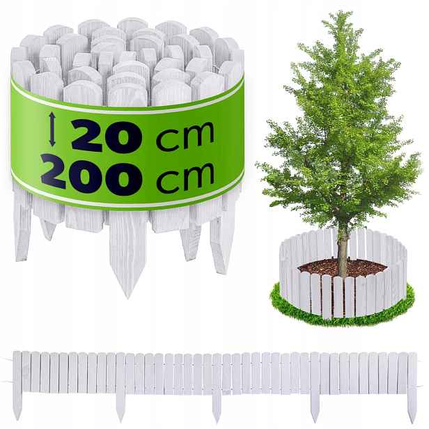 Dřevěný Zahradní Plot 200x20cm Záhonový Obrubník Palisáda Ozdobný Bílý