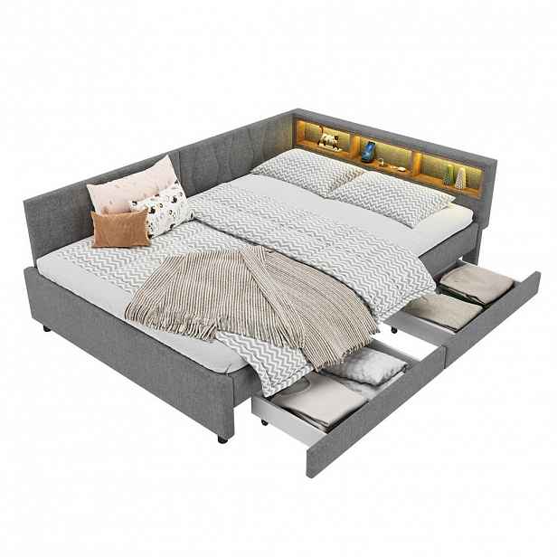 Modfu DENNÍ postel z lnu a MDF 140x200 cm šedá s LED osvětlením, USB a USB-C, 2 zásuvkami a policemi