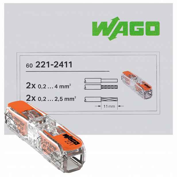 Wago 221-2411 Rychlospojka Průchozí Spojka Drát Lanko 4mm2 60ks