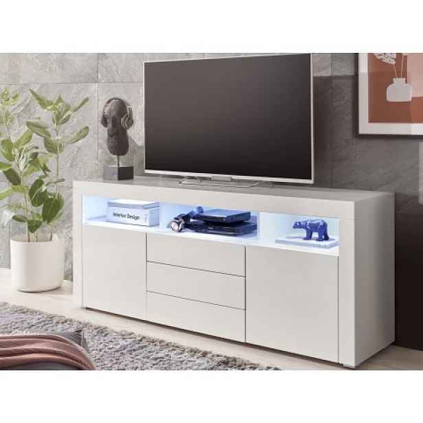Široká TV skříňka Leeds, bílá lesk, s osvětlením