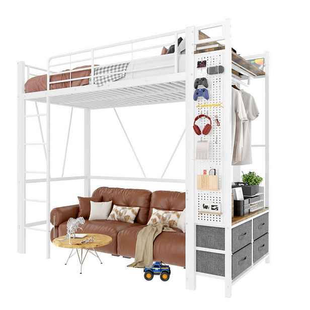 Modenvie VYSOKÁ postel 90/200 cm z kovu a MDF, bílá, s LED osvětlením a úložným prostorem