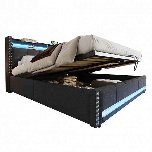 Modfu ČALOUNĚNÁ postel 180x200 cm z lněné látky šedá s LED osvětlením, USB portem, úložným prostorem a hydraulickým zdvihem
