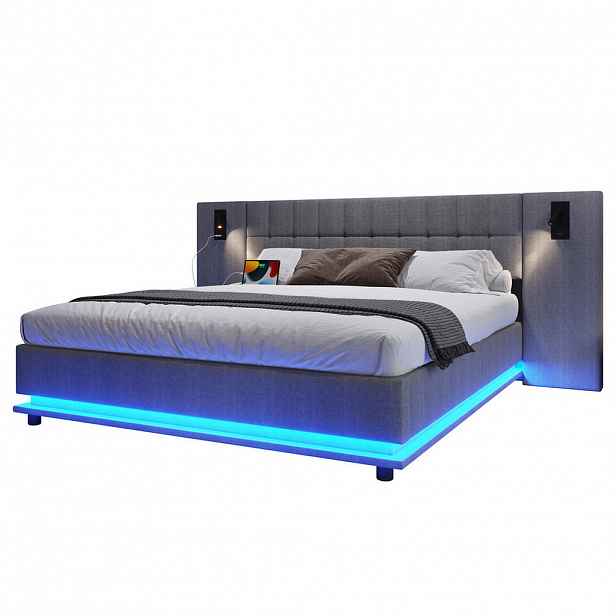 Modfu ČALOUNĚNÁ postel z lnu a MDF 180x200 cm šedá s LED osvětlením, USB portem a čtecím spotem