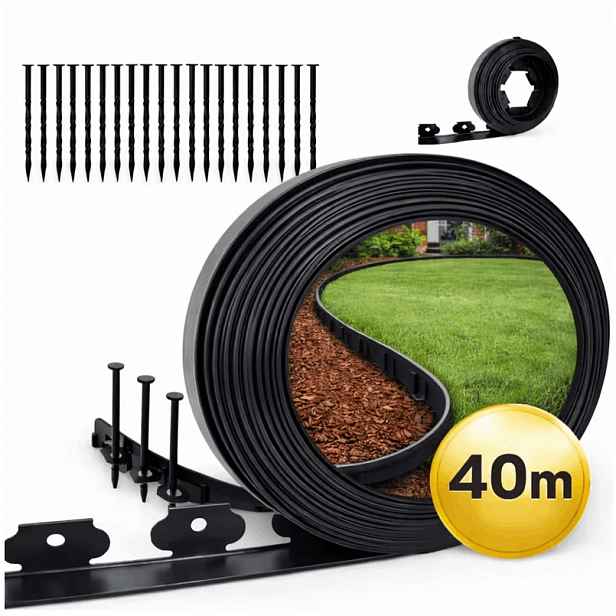 TEMU Orovnávací lišta na trávník 4 cm x 5 cm x 40 m flexibilní + 120 kroků zdarma, flexibilní zahradní obruba, výška 4 cm, délka 40 metrů, sada