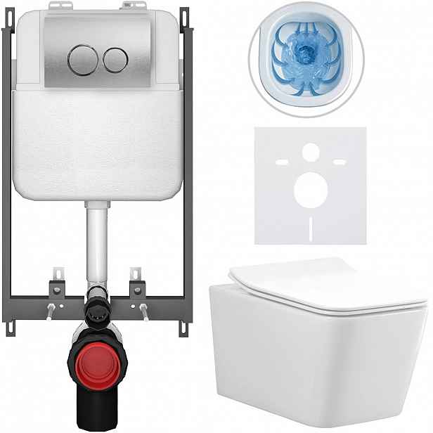 Kompletní WC set Basic/Forte - bílá lesklá - WC tlačítko Dualo/Stříbrná - pro zazdění - 51x36 cm