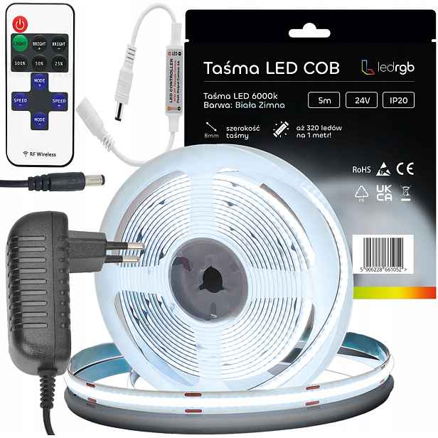 Sada Led pásek Neon Cob 24V 5 m 6000K Bílý Studený Napájecí Zdroj Stmívač 10 mm