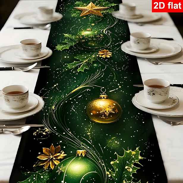 TEMU 1 ks Elegantní tmavě zelený a zlatý vánoční běhoun na stůl s třpytivým efektem, vhodný pro vánoční večírky, obdélníková dekorace stolu, středový
