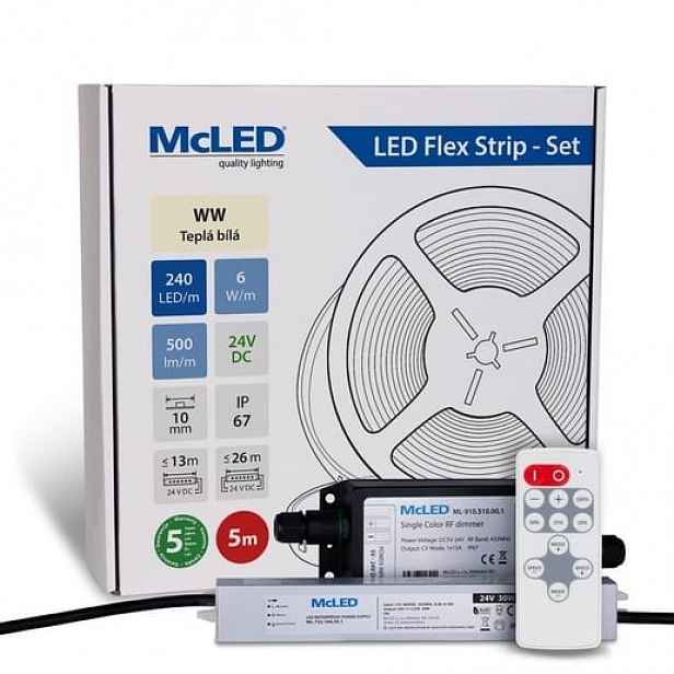 McLED LED pásek - sada 5 m + Přijímač Nano IP67, 240 LED/m, WW, 6 W/m, DC 24V, 500 lm/m, CRI90, IP67, 10 mm, vodič 3 m ML-126.034.90.S05002