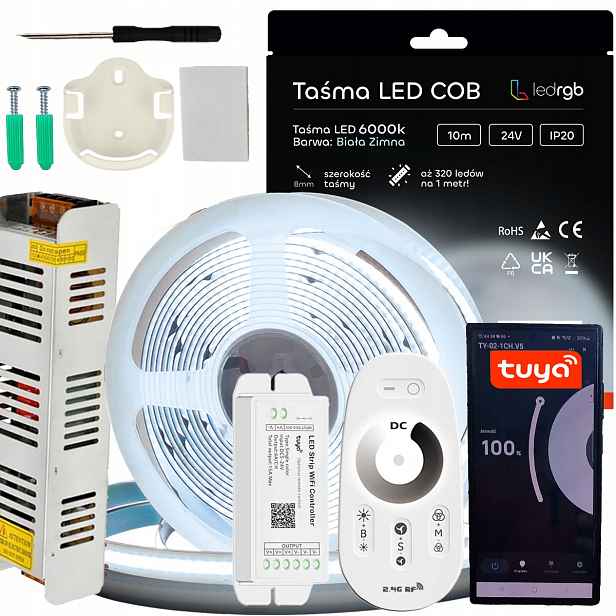 Sada Led pásků Cob 24V 10 m 6000K Bílá Zaimna Napájecí Zdroj Tuya Wifi Dálkový Ovladač Rf