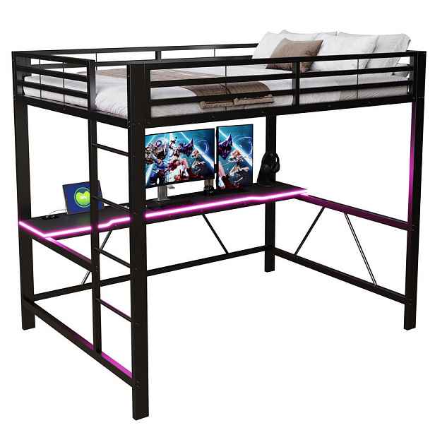 Modenvie VYSOKÁ postel 140/200 cm z kovu a MDF, černá, s LED osvětlením a psacím stolem