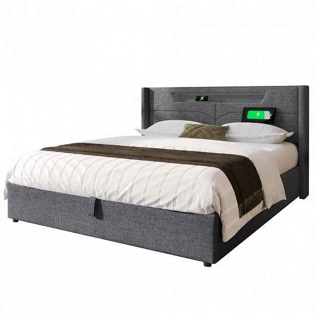 Modfu ČALOUNĚNÁ postel z lnu 160x200 cm šedá s LED osvětlením, USB a USB-C portem, úložným prostorem