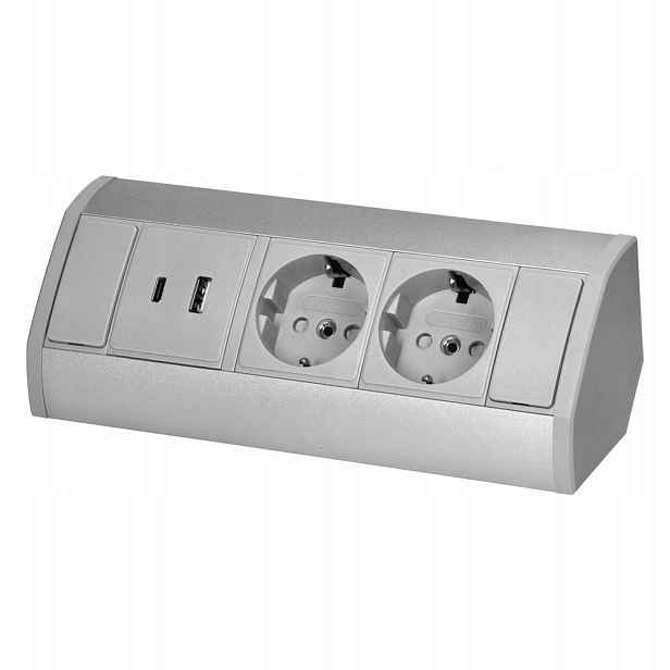 Nábytková zásuvka 2x2P+Z (Schuko), 2xUSB (typ A+c; 2,4A), šedo-stříbrná