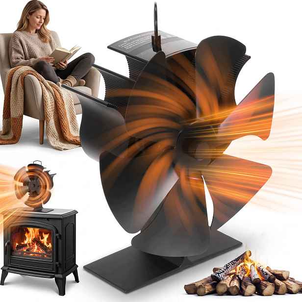 Termoelektrický 6-lopatkový ventilátor do krbu, Tichý, černý