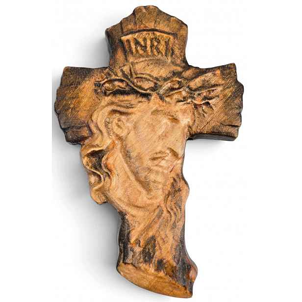 Závěsný ozdobný nástěnný dřevěný vyřezávaný kříž Inri Ježíš 20x13 cm