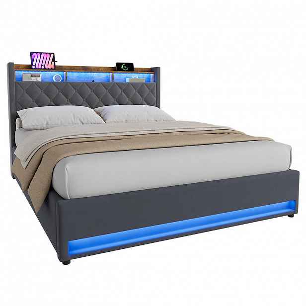 STILVORA ČALOUNĚNÁ POSTEL 160/200 cm s úložným prostorem a zásuvkou, boxspringová postel s USB a LED osvětlením