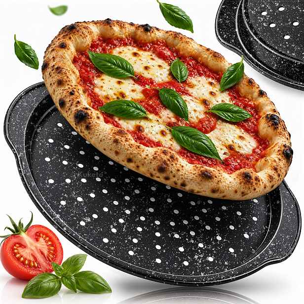 TEMU Kuketo - Miska na pizzu a tartelety s držadlem - Forma na pečení z uhlíkové oceli - Nepřilnavý mramorový povrch - Perforované dno pro lepší