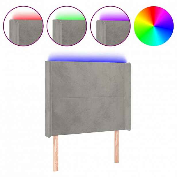 vidaXL Čelo postele s LED světle šedé 93x16x118/128 cm samet
