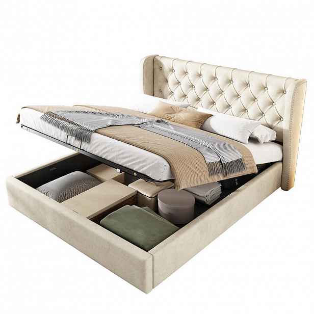 OKWISH ČALOUNĚNÁ postel 160/200 cm béžová z sametu s hydraulickým úložným prostorem