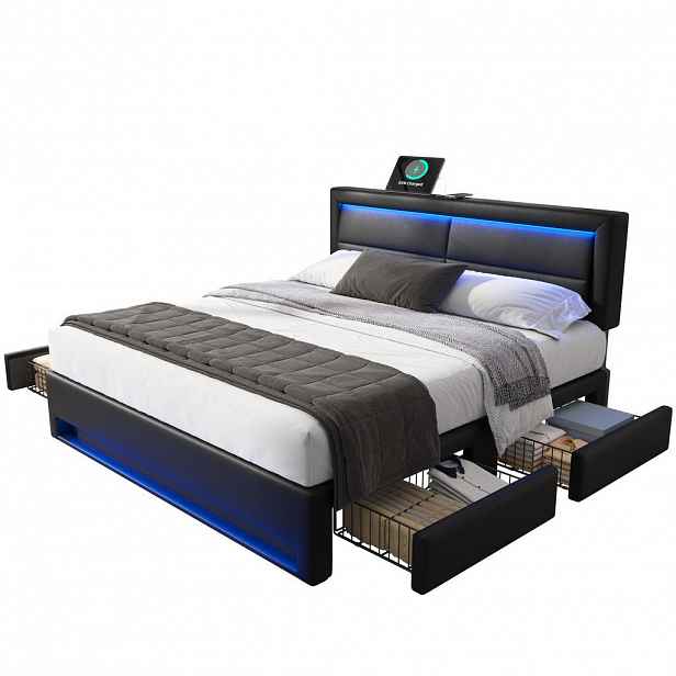 OKWISH ČALOUNĚNÁ postel 140/200 cm černá z PU s LED osvětlením USB nabíjením a 4 zásuvkami