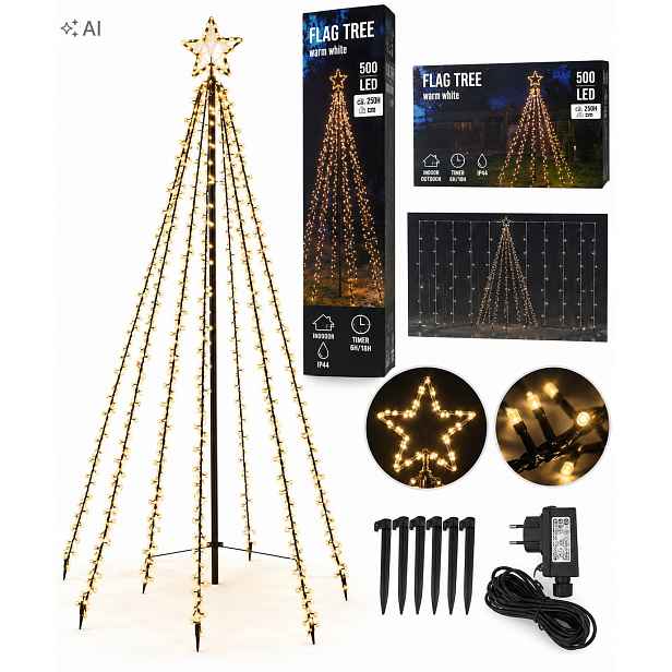 Led světelný vánoční stromek 250 cm 500 Led teplá bílá barva – venkovní IP44 s časovačem