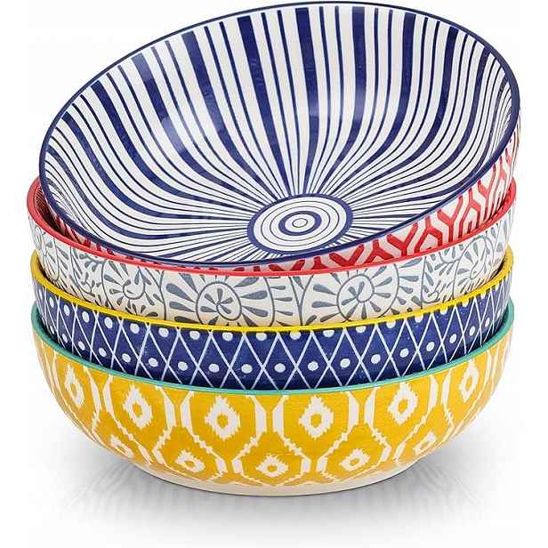 Miska Na Těstoviny Salátové Polévky Sada 4 velkých misek 1020 ml Barevné Boho