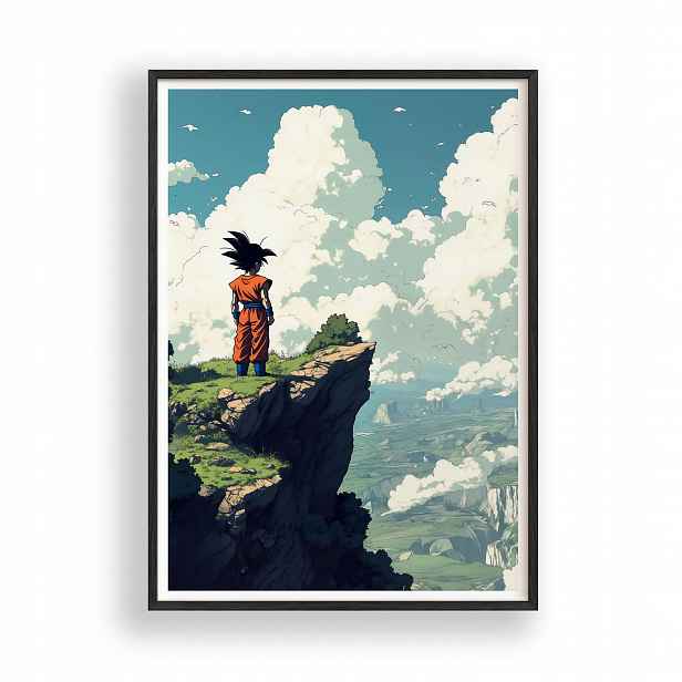 Obraz Dragon Ball Goku Na Skále Plakát Rámeček Dřevěný Černý 30x42 cm
