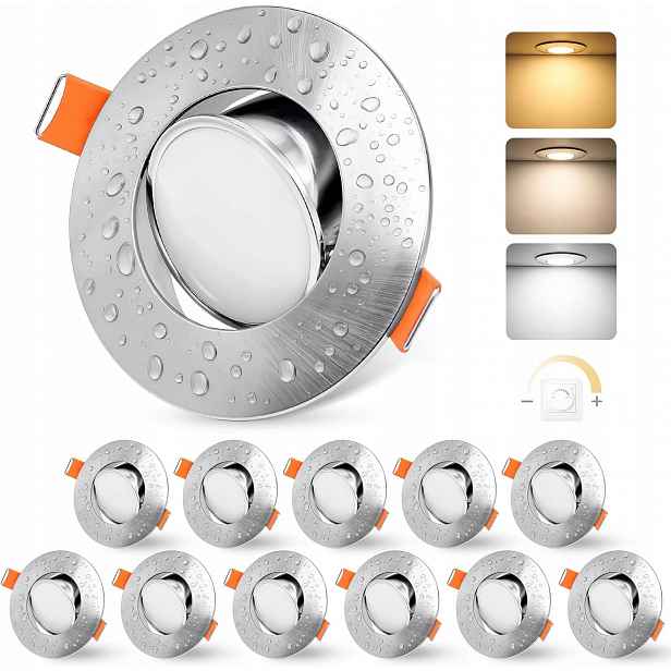 Sada 12x Reflektorová Led očka Zapuštěná Stmívatelná IP44 Cct 3 Barvy Nikl