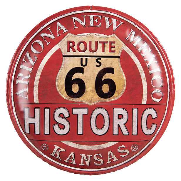 Červená nástěnná kovová cedule na zeď Route 66 - Ø 35*2 cm Clayre & Eef