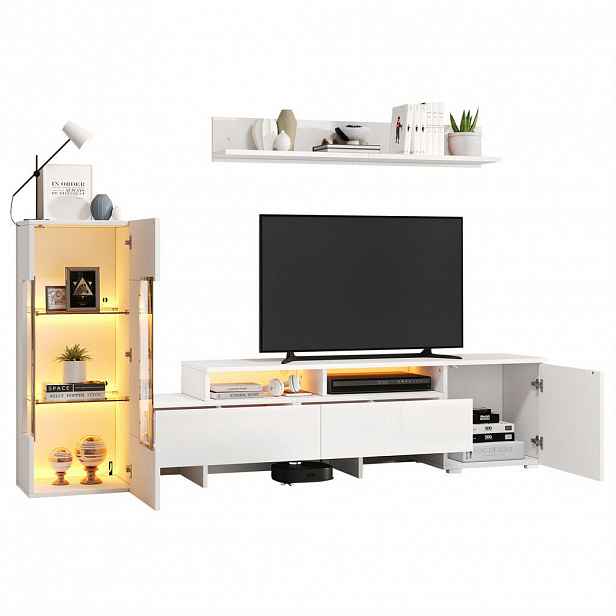 OKWISH TV sestava 170/35/45 cm bílá z dřevotřísky, skla a akrylu s LED osvětlením a úložným prostorem