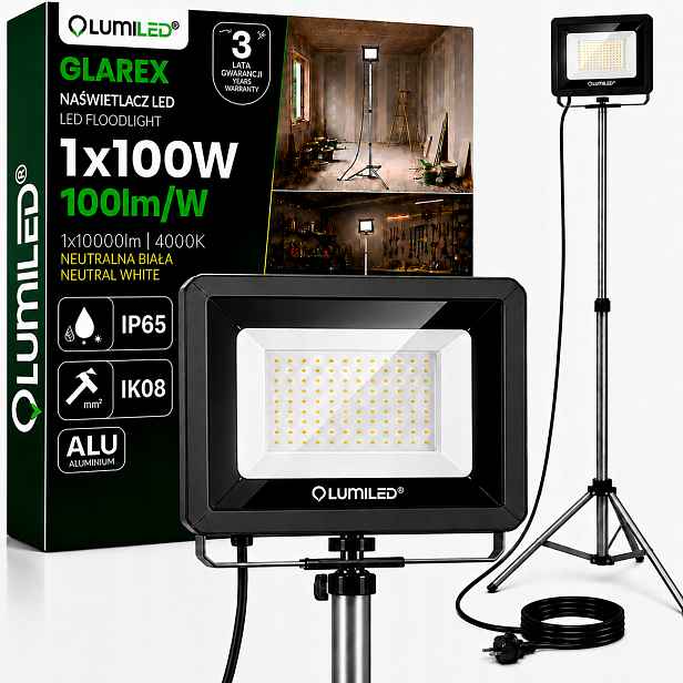 Pracovní světlo 100W na stojanu, pracovní lampa, halogen, stavební, s vidlicí